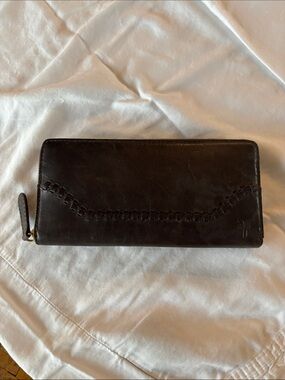 Frye Melissa Dark Brown Zip Wallet with Whipstitch Detail